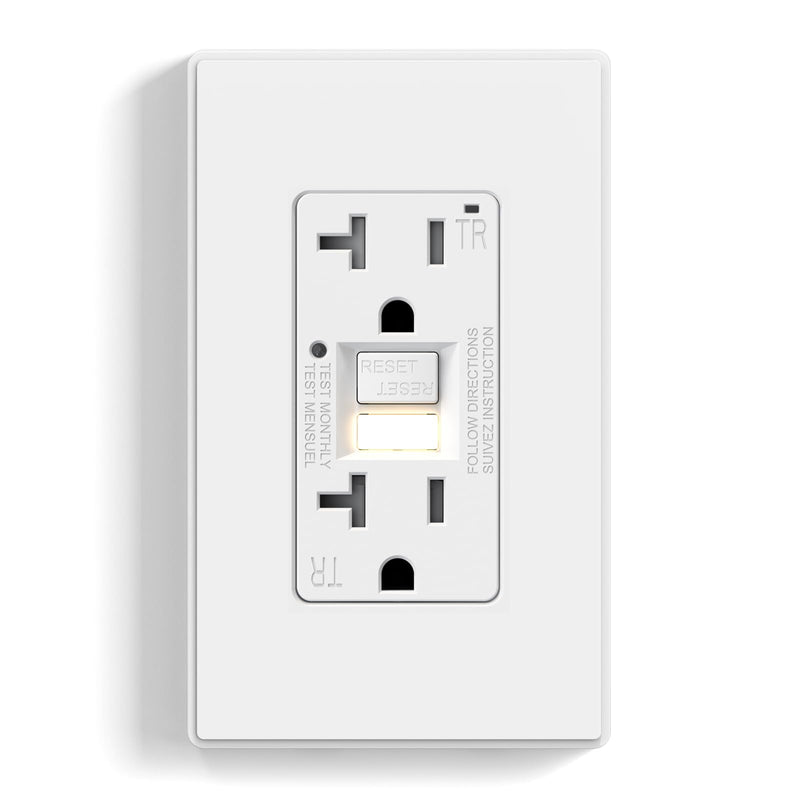ELEGRP GFCI Outlet w/Nightlight, 20 Amp Self-Test GFI Electrical Outlet, Thinner Design, Tamper Resistant GFCI Receptacle, Ground Fault Receptacle w/Wall Plate, UL Listed, Matte White, 1 Pack 20 Amp Outlet