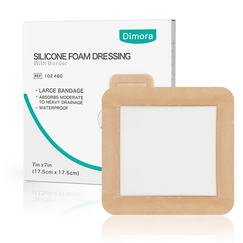 Dimora Large Bandage Ultra Soft Wound Dressing - Bordered Silicone Adhesive Foam Dressing 7"x7" (5"x5"pad) for Bed Sores,Burn Treatment,Large Surgical Wound,Diabetic Ulcers,5 Pack 7 x 7inch(5 PCS)