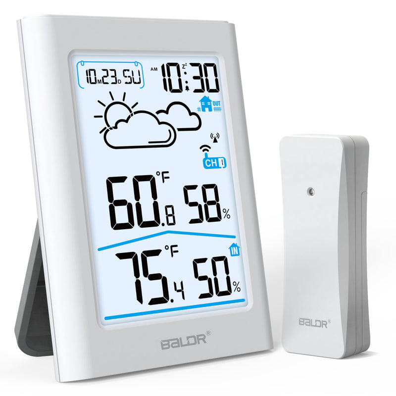 BALDR Indoor Outdoor Thermometer Wireless with Atomic Clock, Battery Powered Weather Station Indoor Outdoor with WWVB, Portable Outside Temperature Monitor for Home, Patio
