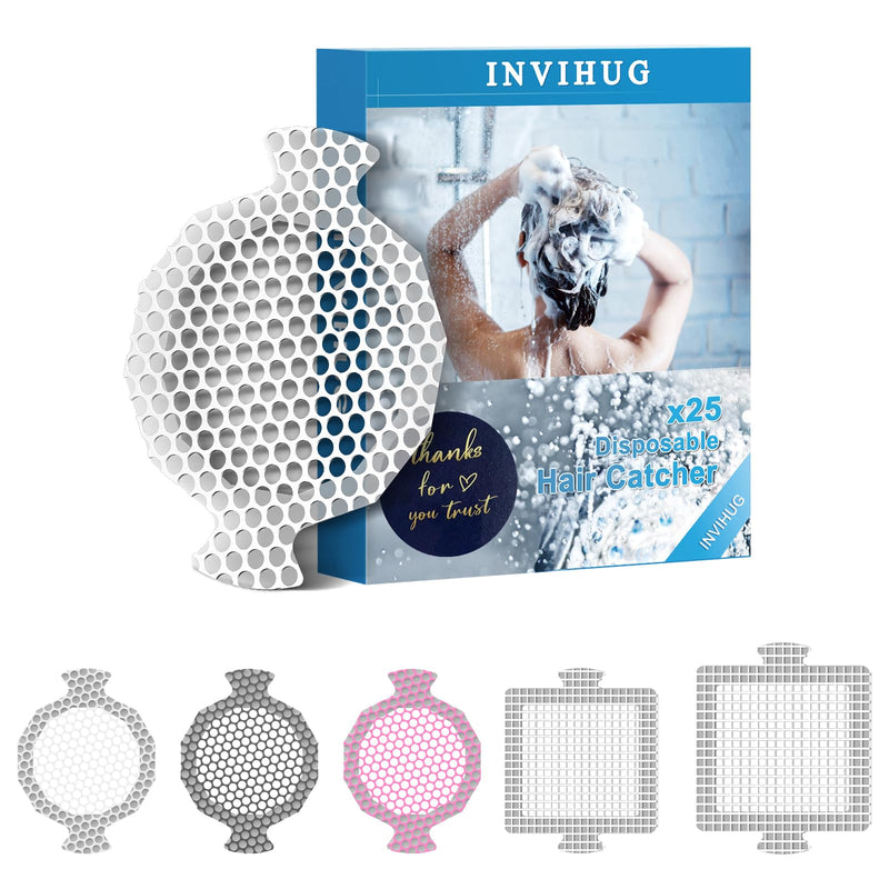 INVIHUG, 25 Pack, Disposable Shower Drain Hair Catcher Mesh Stickers, Disposable Hair Drain Catcher. (White) White 3.5inch-25