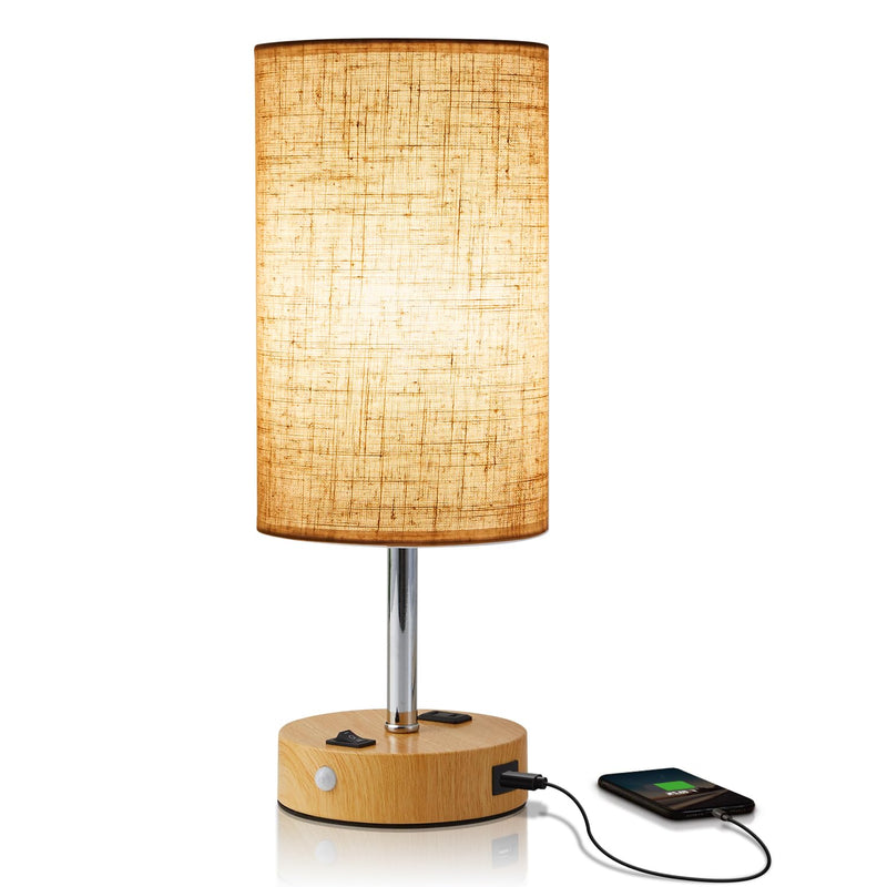 Table Lamp with Motion Sensor or Constant on Mode, USB Lamp Include One LED Bulb, Built in 1 USB Port & 1AC Outlet, Bedside Lamp Idea for Bedroom, Hallway, Bath Room Beige