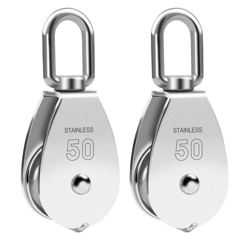 2PCS M50 Single Pulley Snatch Block 304 Stainless Steel Lifting Crane Swivel Hook, 3/8" Rope x 2" Sheave (M50-2PCS) M50-2PCS