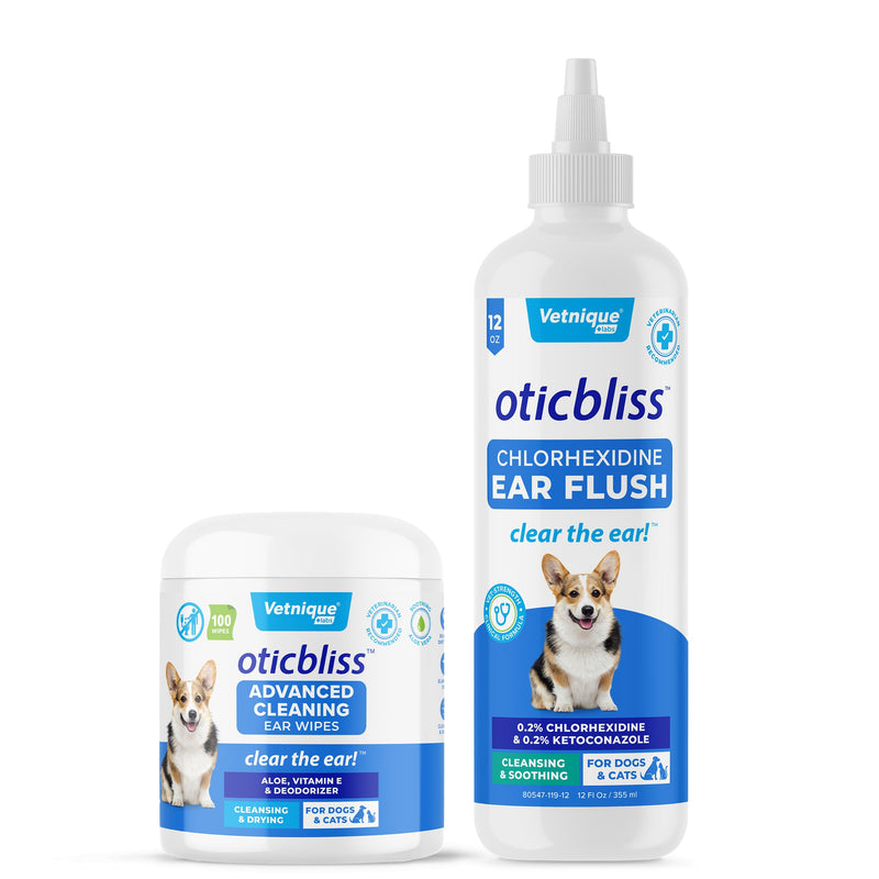 VETNIQUE LABS Oticbliss Chlorhexidine Ear Flush and Oticbliss Advanced Cleaning Ear Wipes Ear Care Products Bundle for Dogs & Cats, Cleansing Ear Flush & Drying Ear Wipes for Itchy Ears - PawsPlanet Australia