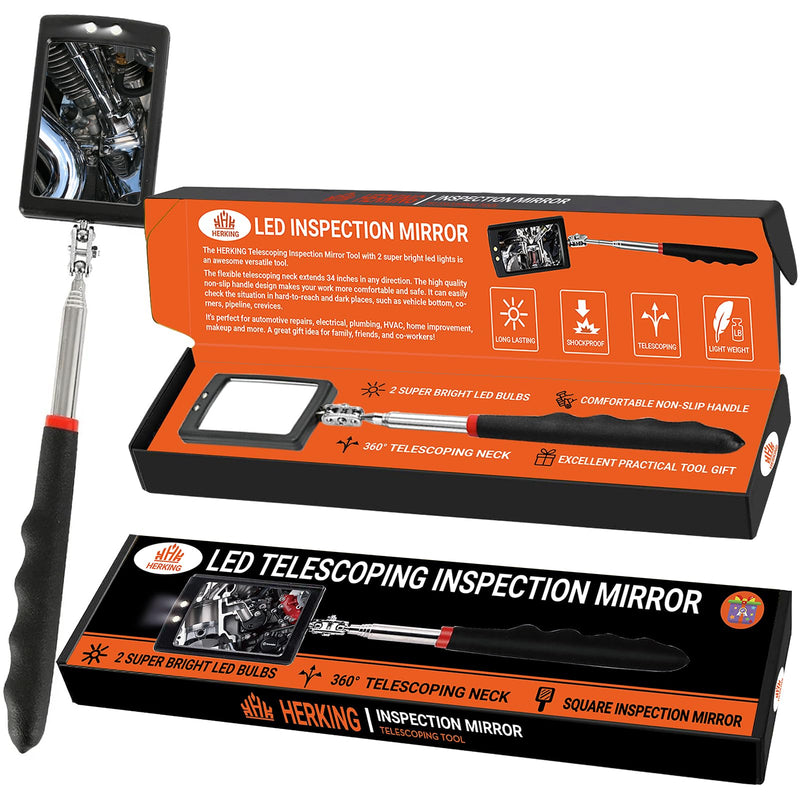 Stocking Stuffers for Men - Telescoping Inspection Mirror with LED Light, Square Mechanic Mirror Tool, Christmas Gifts for Men, Mens Gifts Idea for Dad, Husband, Boyfriend, Handyman Square Mirror