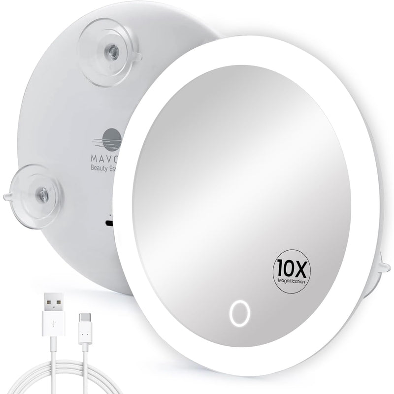 Mavoro 6.8" LED Magnifying Mirror with 3 Strong Suction Cups | 10X Magnification | Portable Lighted Travel Makeup & Cosmetic Mirror with Light (USB-C Rechargeable Built-in Battery |10X)