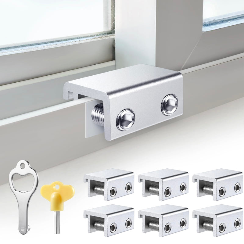 Sliding Window Locks (6 Sets), Security Window Locks with Keys, Adjustable Aluminum Sliding Window Stops, Easy Installation Without Drilling, for Vertical and Horizontal Sliding Windows (Silver) 6 Set Double Lock Silver