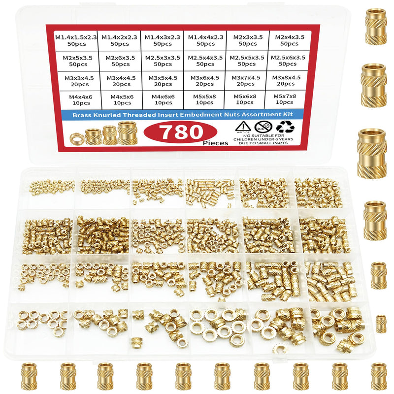780pcs Brass Threaded Insert Nuts Kit - M1.4 to M5 (6 Sizes) for 3D Printing, Injection Molding & Hydraulic Welding - Female Embedment Nuts 780pcs Kit