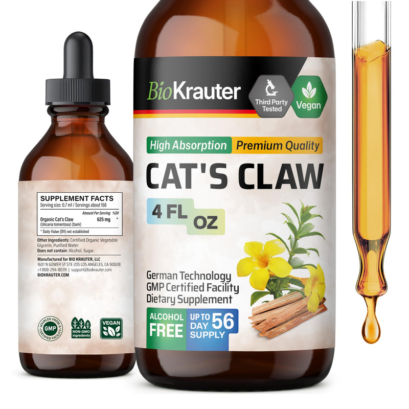 BIO KRAUTER Cats Claw Tincture - Liquid Cats Claw Herb for Immune Support - Alcohol & Sugar Free - Vegan Drops 4 Fl.Oz. 4 Fl Oz (Pack of 1) - PawsPlanet Australia