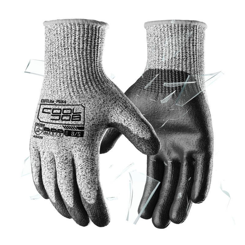 COOLJOB 12/120 Pairs Cut Resistant Safety Work Gloves with Grip, 13 Gauge Seamless Shell with PU Coating, ANSI A2 A4 A6, Gray Large (Pack of 12) Ansi A4 Cut Level
