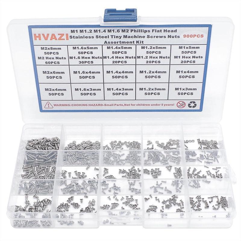Metric 900PCS Metric M1 M1.2 M1.4 M1.6 M2 Phillips Countersunk/Flat Head Stainless Steel Tiny Machine Screws Nuts Assortment Kit M1M1.2M1.4M1.6M2