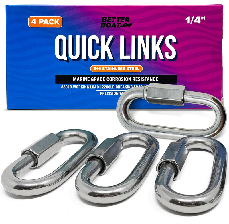 316 Stainless Steel Locking Chain Link, Threaded Quick Link Chain Connector Clips, Heavy Duty D Shape Quicklinks, 1/2", 3/8", 5/16", 1/4" Small Sizes, Marine Grade, 4 Pack Safety Links 1/4" 1/4 "