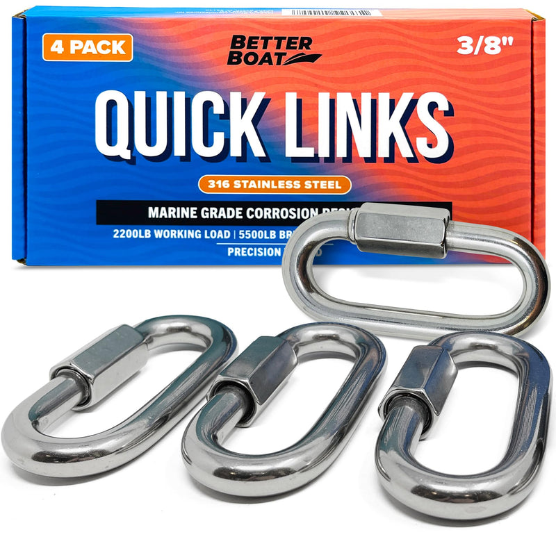 316 Stainless Steel Locking Chain Link, Threaded Quick Link Chain Connector Clips, Heavy Duty D Shape Quicklinks, 1/2", 3/8", 5/16", 1/4" Small Sizes, Marine Grade, 4 Pack Safety Links 3/8" 3/8 "
