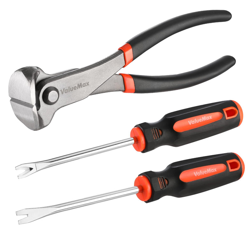 VALUEMAX 3Pcs Nail Puller Nail Remover Tool, Include 7" End Cutting Pliers, 8" Bendable and Straight V Tip Upholstery Staple Remover, Upholstery Tools for Cutting Wires, Removing Nails and Staples