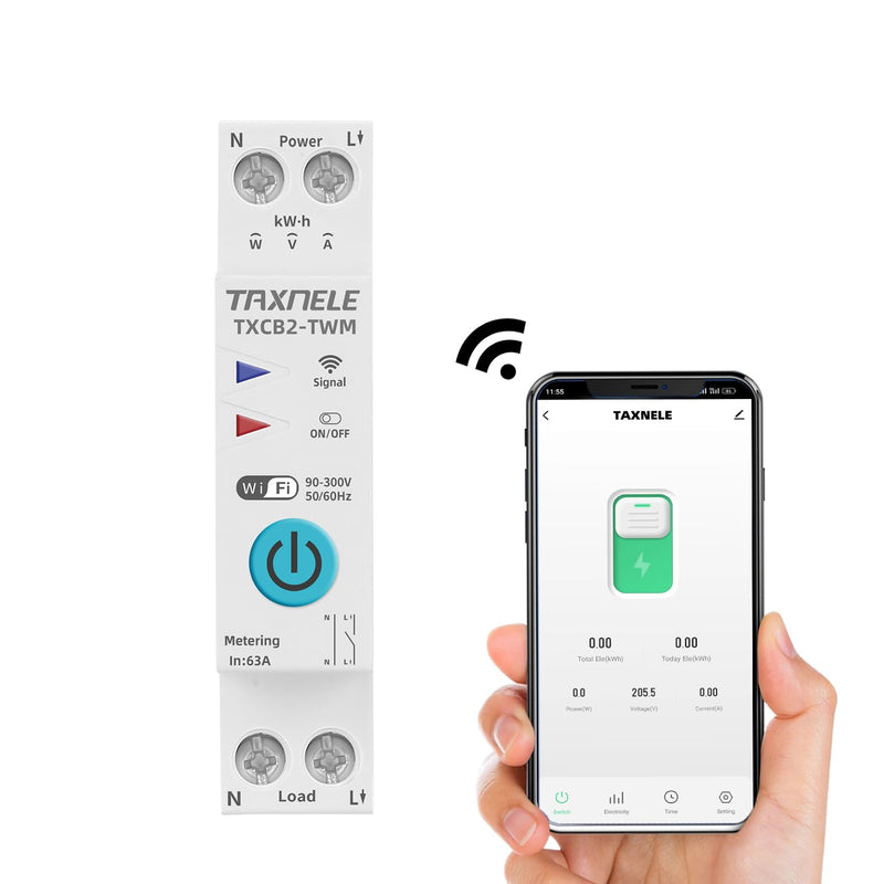 WiFi Smart Circuit Breaker Power Metering Energy Meter KWh 1P 230V 63A Voltmeter Ammeter DIN Rail Smart Life Wireless Remote Control Switch Timer Voice Control (50A)