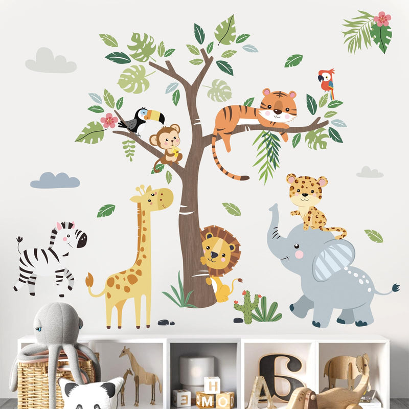 decalmile Jungle Animals Tree Wall Decals Elephant Giraffe Lion Safari Wall Stickers Baby Nursery Kids Bedroom Living Room Wall Decor C