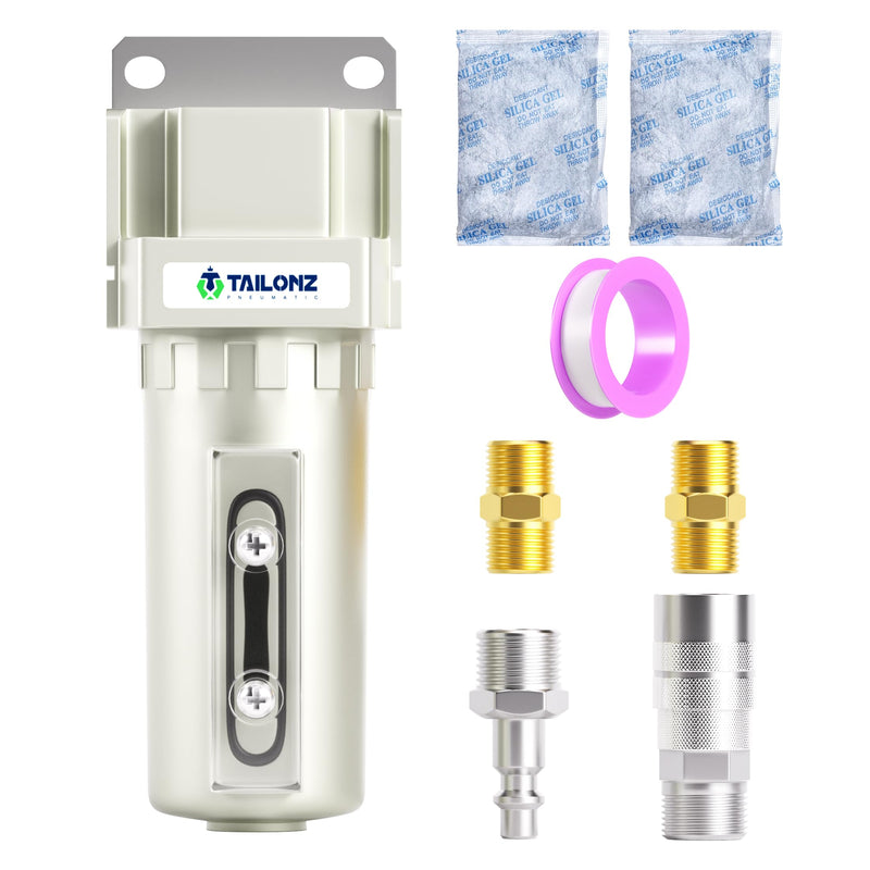 TAILONZ PNEUMATIC 3/4" NPT Industrial Compressed Air Desiccant Dryer, Used for Dry Air, Compressed Air, Water Separator, Plasma Cutting Machine and Other Metal Bowl with Activated Carbon Bag 3/4" NPT/Carbon Filter
