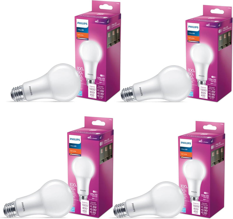 PHILIPS LED 100-60-40W A21 4-Pack 3-Way Soft White (2700K) 1600-800-450 Lumen (14-8-5W = 100-60-40W) Frosted Flicker-Free Light Bulbs