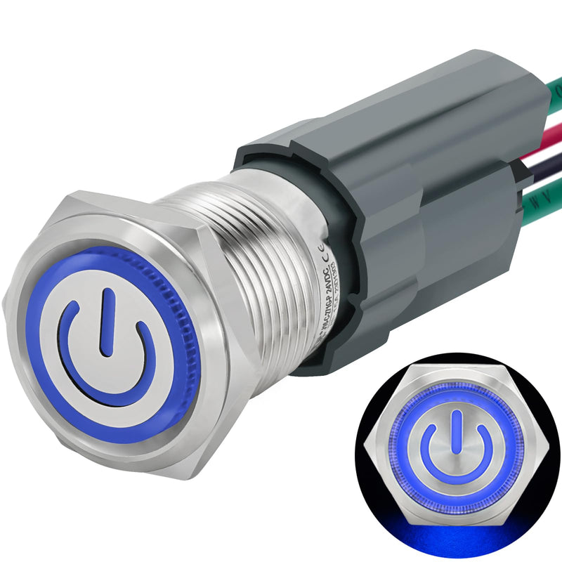 15Amp 12V-24V DC 16mm Latching Push Button Switch IP67 Waterproof SPST with LED Angel Eye Light Stainless Steel 304 On and Off with Wire Socket Pc Power Button Self-Locking 5/8" Latching, 12V-24V Blue