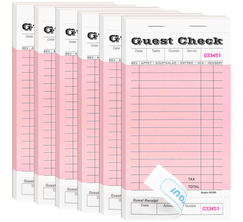 6 Pack Server Note Pads, Guest Check Books for Servers, Guest Checks Notepad for Waiter Waitress Servers, Waitress Notepad for Restaurants Food Order, 50 Sheets/Pad, Pink Guest Check 6 Pack