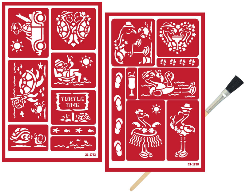 2 Glass Etching Stencils Reusable Template - Hawaii Theme Beach Stencil - Reusable Self Stick Etching Templates with Flamingo, Turtle Design - Set with Brush
