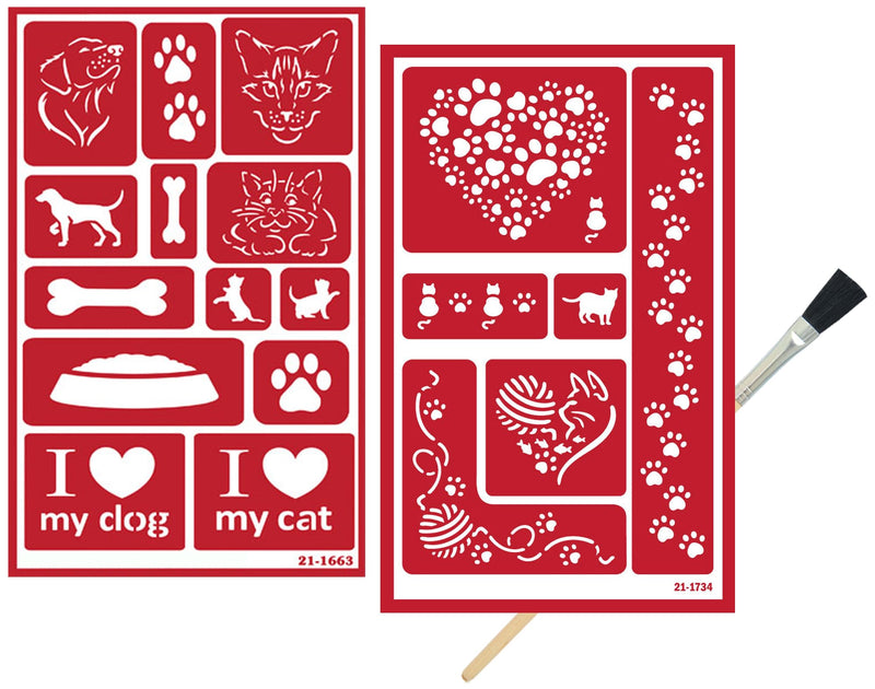 2 Etching Stencils Reusable Template - Kitty Stencils for Painting, Crafting - Kitty Cat Etch Stencil, Puppies, Cat Paw Print Theme - Self Stick Stencil Set with Brush