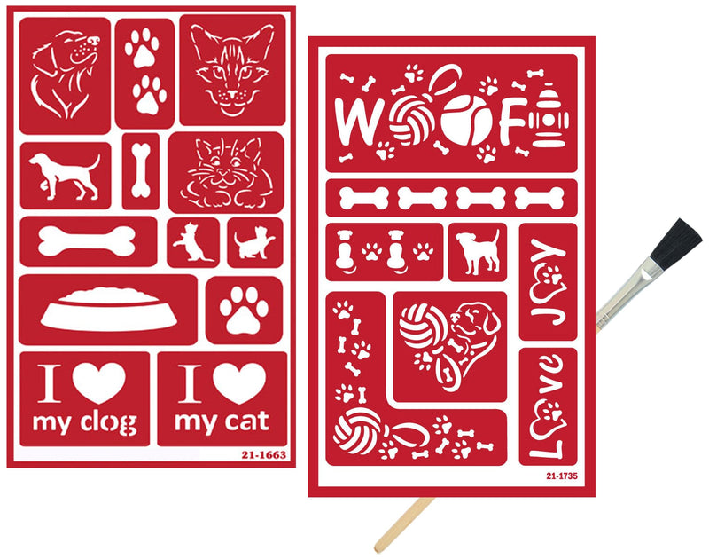 2 Glass Etching Stencils Reusable Template - Cat and Dog Stencils - Glass Etching Dogs Paw Print Etch Stencil, Puppies, Kittens Design - Self Stick Stencils Set with Brush