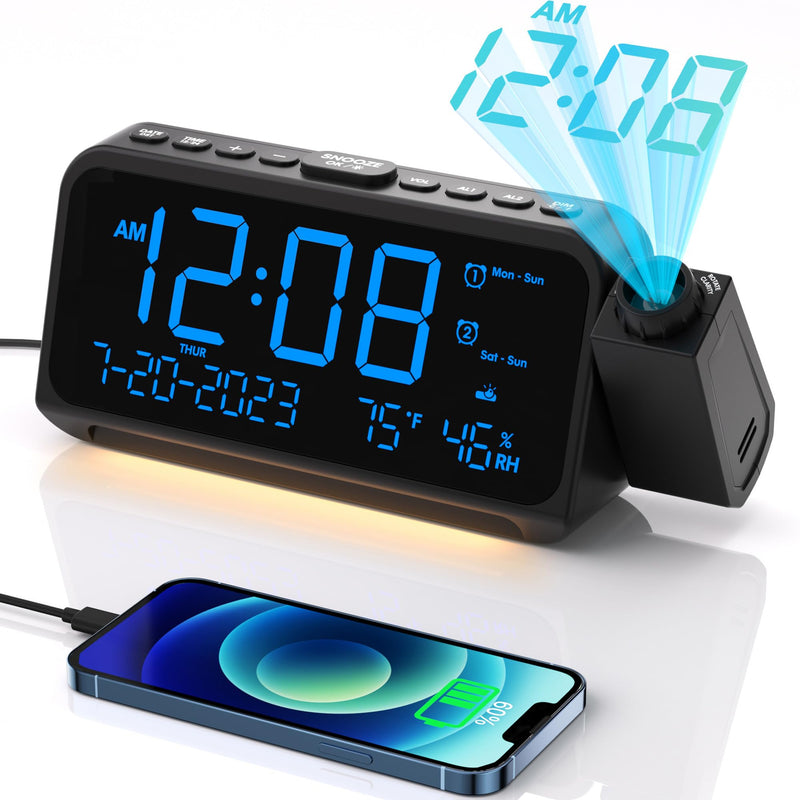 Projection Alarm Clock for Bedroom, Alarm Clock with 350° Rotatable Projector, 5 Brightness, Dual Alarm with Weekday/Weekend Mode, Temp & Humidity, Snooze, Bedside Alarm Clock for Heavy Sleepers(Blue) Blue