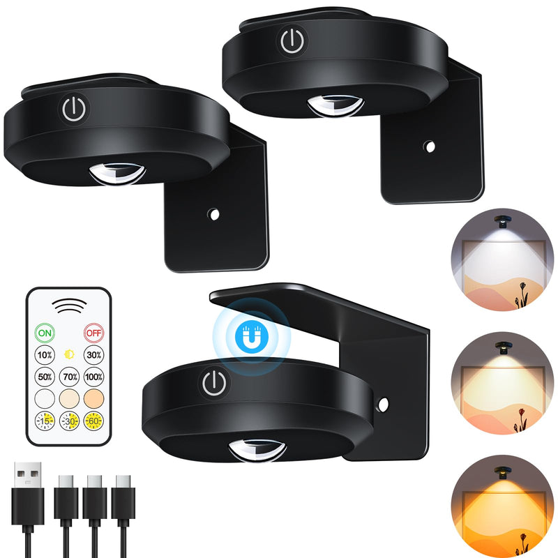 WILLED Picture Lights for Wall, 1200mAh Rechargeable Battery Operated Picture Frame lights, Puck Lights with Remote, Dimmable & Timer Art Lighting for Paintings Wireless, Magnetic Gallery Light/3 Pack 1-Black 3000K-6000K Narrow Beam