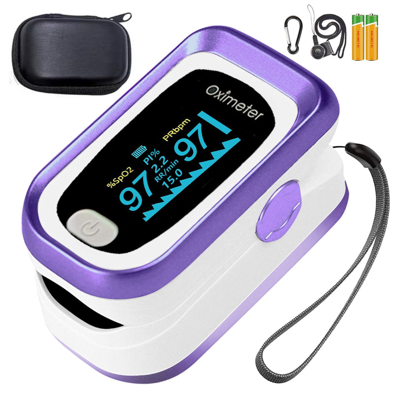 TYNDALL Fingertip Pulse Oximeter With Respiration Counter, Alarm, and 4 Data Display - Includes Batteries, Carry Bag, and Lanyard (Purple)