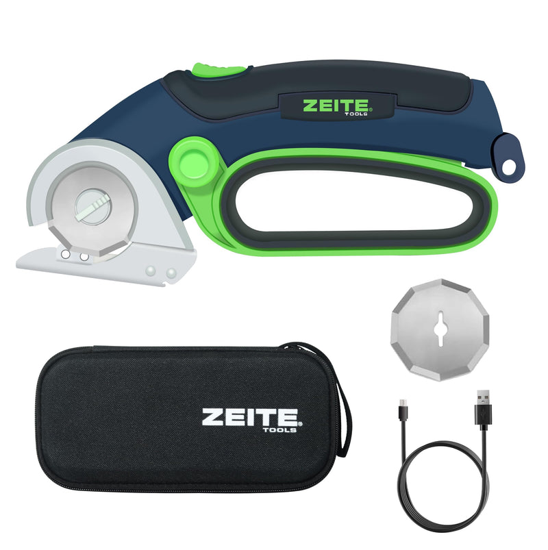 ZEITE 4V Cordless Electric Scissors, Cardboard Cutter with 2 x Blade, 1 x Storage Box, 1 x USB Charging Cable, Electric Cutter, Power Rotary Scissors for Box Carpet Plastic, Easy to Hold and Safety Blue