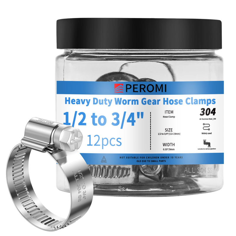 12PCS Heavy Duty Hose Clamps Stainless Steel 304,1/2" Hose Clamp to 3/4" Hose Clamp (13-19mm) Adjustable Worm Gear Drive Hose Clamps, Reusable Pipe Clamp for Automotive and Industrial Use 12 1/2" hose clamp to 3/4" hose clamp