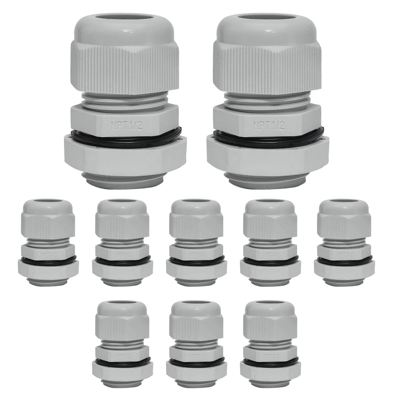 10 Pcs 1/2" NPT Nylon Cable Glands, IP68 Waterproof Adjustable Cord Grip Cable Connector Strain Relief Wire Protectors for 6-12mm Cable Diameter, Grey 1/2" NPT(10 Pcs)