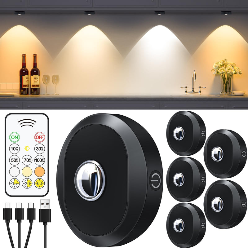 WILLED Puck Lights with Remote Control, Rechargeable Under Cabinet Lights, 1200mAh Battery Operated Tap Lights, Dimmable Push Lights, Wireless Closet Lights, LED USB Stick On Lights (6 Pack) Warm White - Cool White