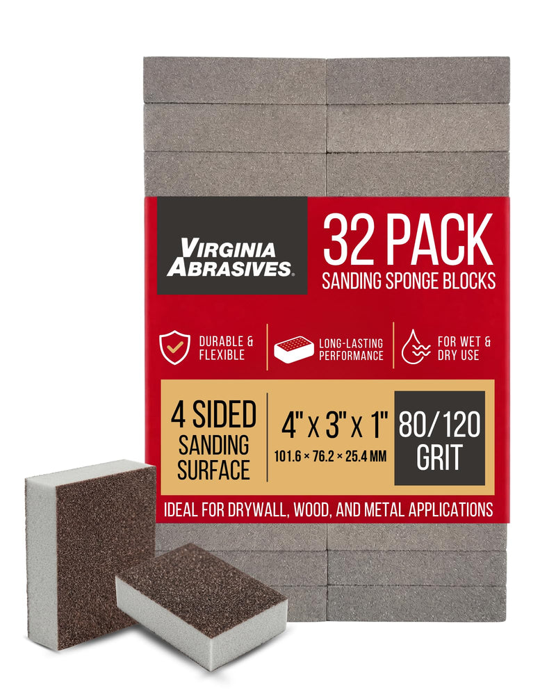 Sanding Sponge Blocks, 4" x 3" x 1", 80 & 120 Grit, Medium/Fine, 32 Pack Medium/Fine Grit Small Area