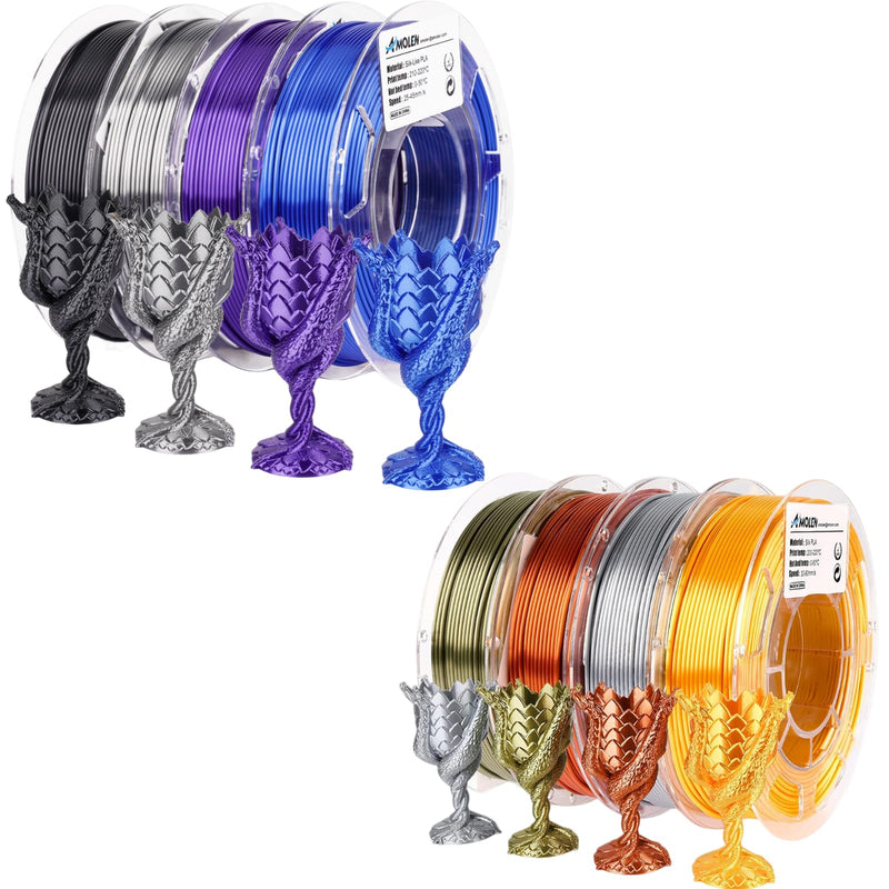 AMOLEN Silk 3D Printer Filament Bundle, PLA Filament 1.75mm Pack, Shiny 3D Printing Filament, 200g X 8