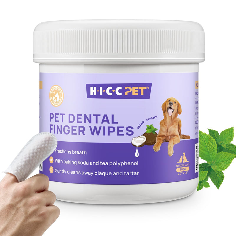 HICC PET Teeth Cleaning Wipes for Dogs & Cats, Remove Bad Breath by Removing Plaque and Tartar Buildup, Disposable Dog Finger Toothbrush Gentle Pet Dental Care Wipes, 50 Counts, (Mint Scent) Mint 1.54" Wide (50 Count) - PawsPlanet Australia