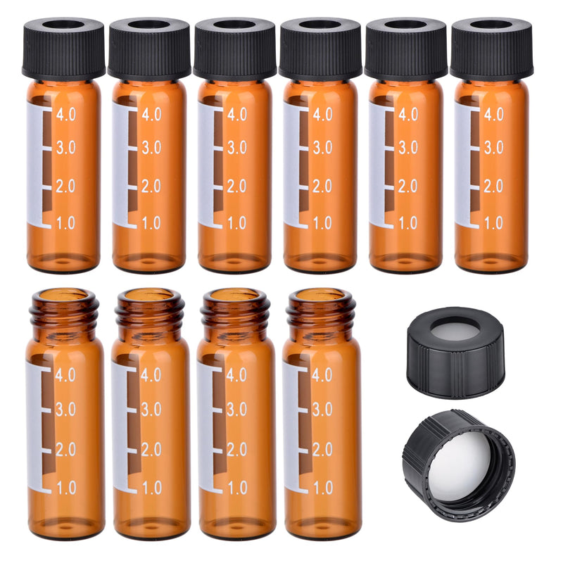 ESHATO 4ML Autosampler Vial, 100 Pack HPLC/GC Vials 9-425 Lab Amber Vials Sample Vial Screw Cap Writing Patch White PTFE and Silicone Septa for LC Stamper Brown