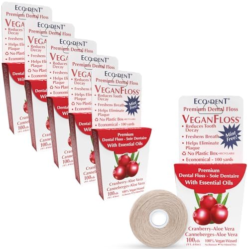 Eco-Dent VeganFloss Dental Floss, Waxed, Cranberry-Aloe - Floss with Vegan Plant-Based Wax, Recyclable Cardboard Packaging, 100 Yds (Pack of 6) 100 Yards (Pack of 6)
