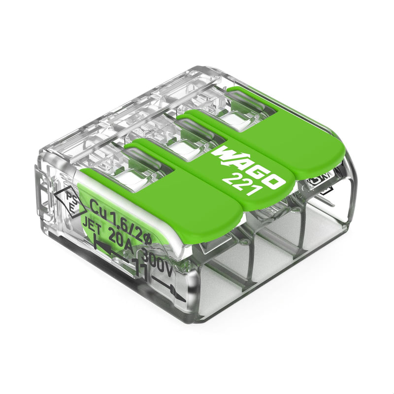 221-423 | WAGO Splicing Connector Green Range | for Solid, Stranded and fine-Stranded Conductors | 3-Conductor with levers | 24 – 12 AWG | Transparent housing | [50 Pieces]