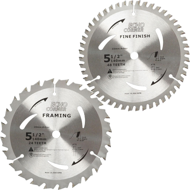 5-1/2" (10mm Arbor) Circular Saw Blades 48Tooth+24Tooth, Heavy Duty Combo Pack Carbide TCT Fine Cut Fine Finish Crosscut Framing Ripping Wood Plywood MDF Plastic Veneer Lumber Laminate 5-1/2" x 10mm Arbor x 24T/48T