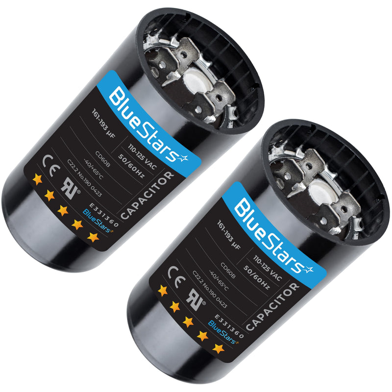 2 Packs 161-193 uf/MFD 125 VAC ±20% 50/60 Hz CD60 Round Motor Well Pump Start Capacitor Replacement Part by BlueStars - Exact Fit for Central Air-Conditioners, Heat Pumps, Condenser Fan Motors 161-193 MFD PO2 110-125 VAC