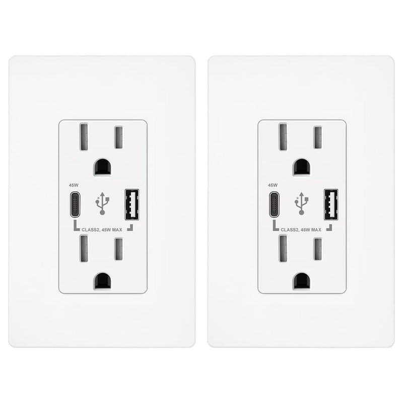Micmi USB C Outlet PD 45W Power Delivery Decorator Receptacle 4.8A Receptacle, in-Wall Charger with 15 Amp, 125 Volt Tamper-Resistant Outlet Charger (2, White, USB C+A PD 45W) 2