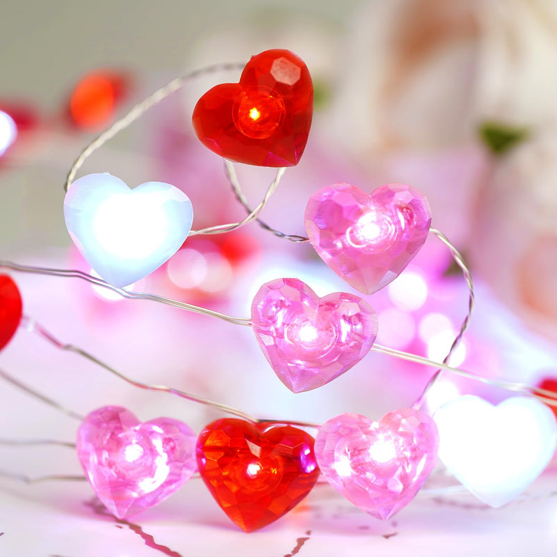 Valentines Day Decor 10 ft 40 LEDs Red White Pink Heart String Lights Battery Operated Garland Valentines Day Lights with Timer Valentines Day Decorations for The Home Indoor Mother's Day Red White and Pink