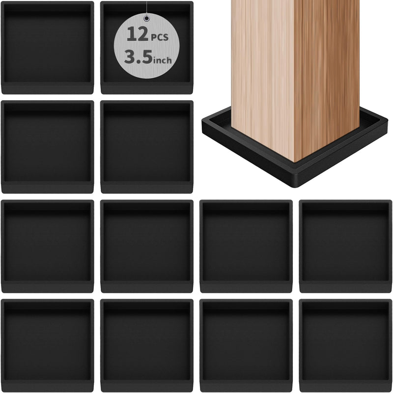 Non Slip Furniture Pads Square Rubber Furniture Caster Cups (Set of 12) Black (3.5 inch) 3.5"12PcsBlack