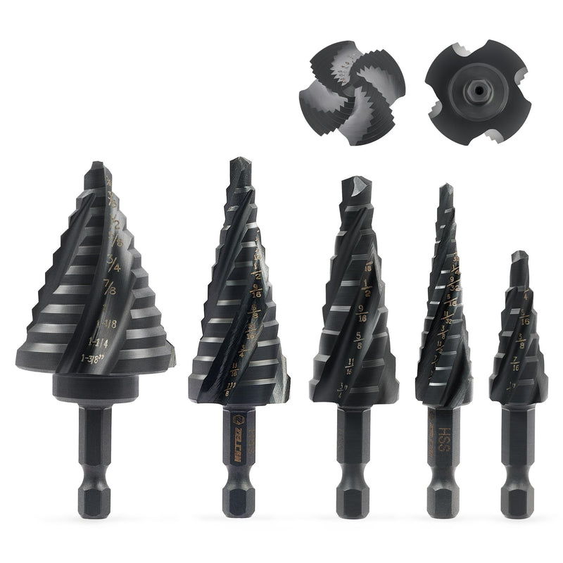 ZELCAN Step Drill Bit Set, 5PCS Four Spiral Flute Step Bits for Metal, 50 Sizes Titanium-Coated HSS Drill Bits with 1/4" Hex Shank for Stainless Steel Aluminum Wood Plastic 5PCS HSS Four Spiral Flute NEW STYLE
