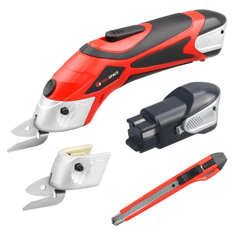 TOOLSPACE Cordless Electric Scissors with Two Blades, Electric Cardboard Cutter Fabric Scissors for Cutting Fabric, 4V Lithium-Ion 2 Pcs Rechargeable Battery, Easy Carry and Fast Charging Red-2batteries