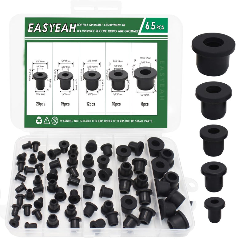 65 Pack Top Hat Rubber Grommets for Wiring Assortment Kit Waterproof Wire Grommets Automotive, Firewall Silicone Plug for Holes, Vinyl Tubing in Hydroponic and Irrigation Systems, 5 Sizes #5 sizes, 65 pcs