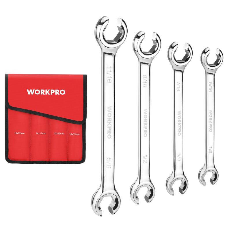 WORKPRO 4-Piece Flare Nut Wrench Set, SAE Brake Line Wrenches, 1/4", 5/16", 3/8", 7/16", 1/2", 9/16", 5/8", 11/16", Cr-V Steel, 15° Offset Head Tubing Wrench, Organizer Pouch Included