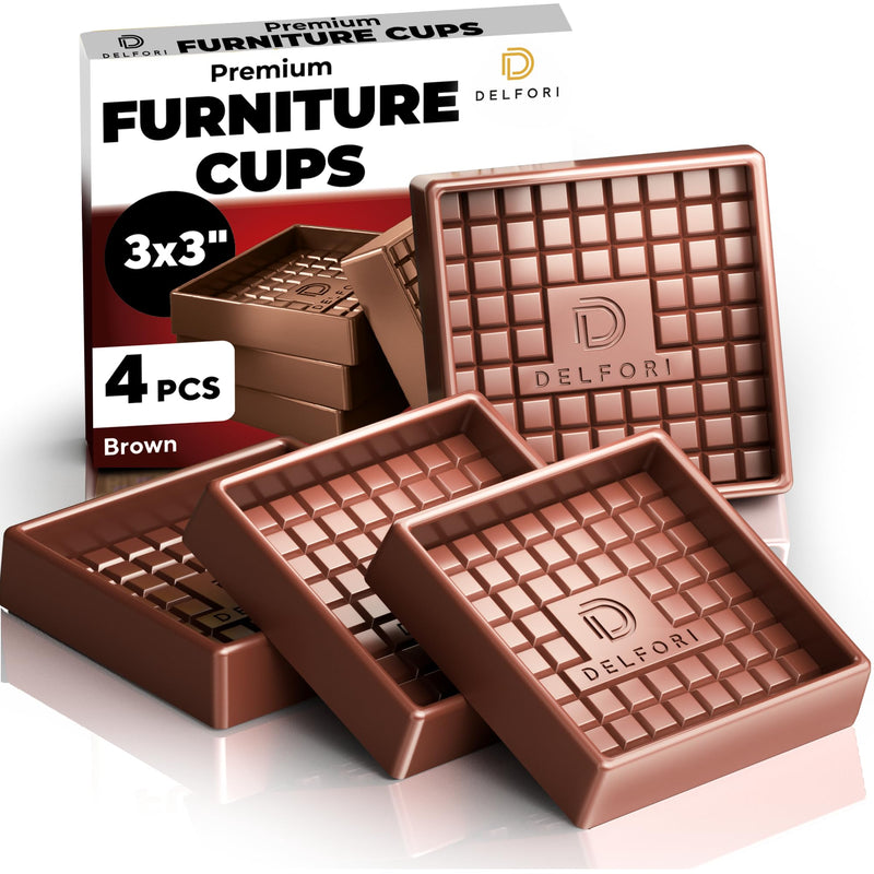 4pcs Non Slip Furniture Pads - Furniture Cups to Prevent Sliding for Couch, Bed, Chair - Premium 3x3 Anti Skid Stoppers for Hardwood, Tile Floors - Perfect Coasters That Fit Any Feet Shape (Brown) Brown 3" x 3"