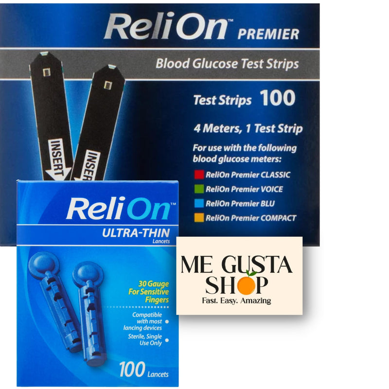 ReliOn Premier Blood Glucose Test Strips 100Count with Ultra-Thin Blood Lancets, 100 Count, 100 Count + me Gusta Sticker